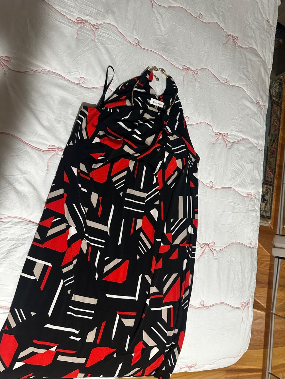 Calvin Klein Black Red Cream Abstract Halter Dress